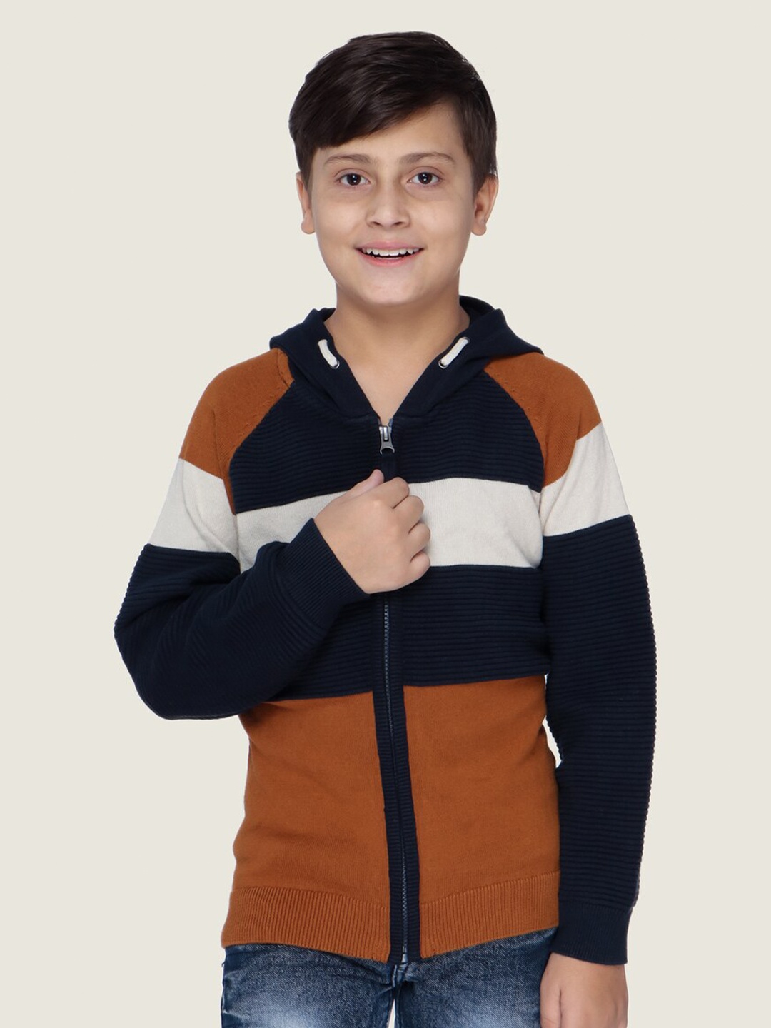

LASNAK Boys Navy Blue & Brown Striped Cardigan