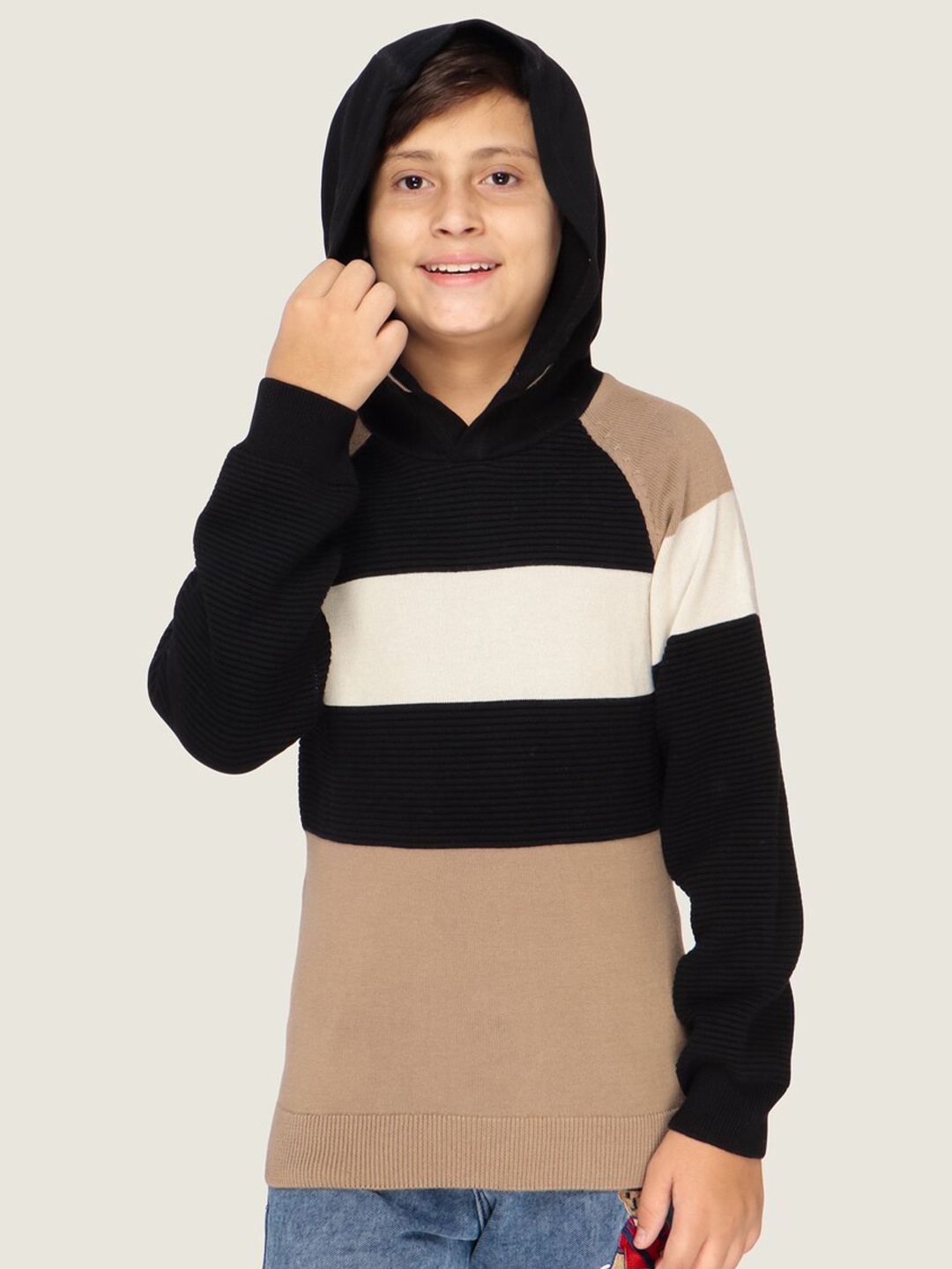 

LASNAK Boys Beige & Black Colourblocked Hooded Cotton Pullover Sweater