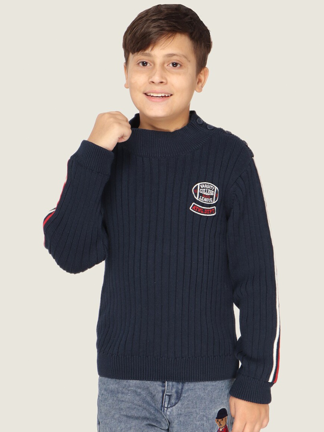 

LASNAK Boys Navy Blue & White Ribbed Cotton Pullover Sweater