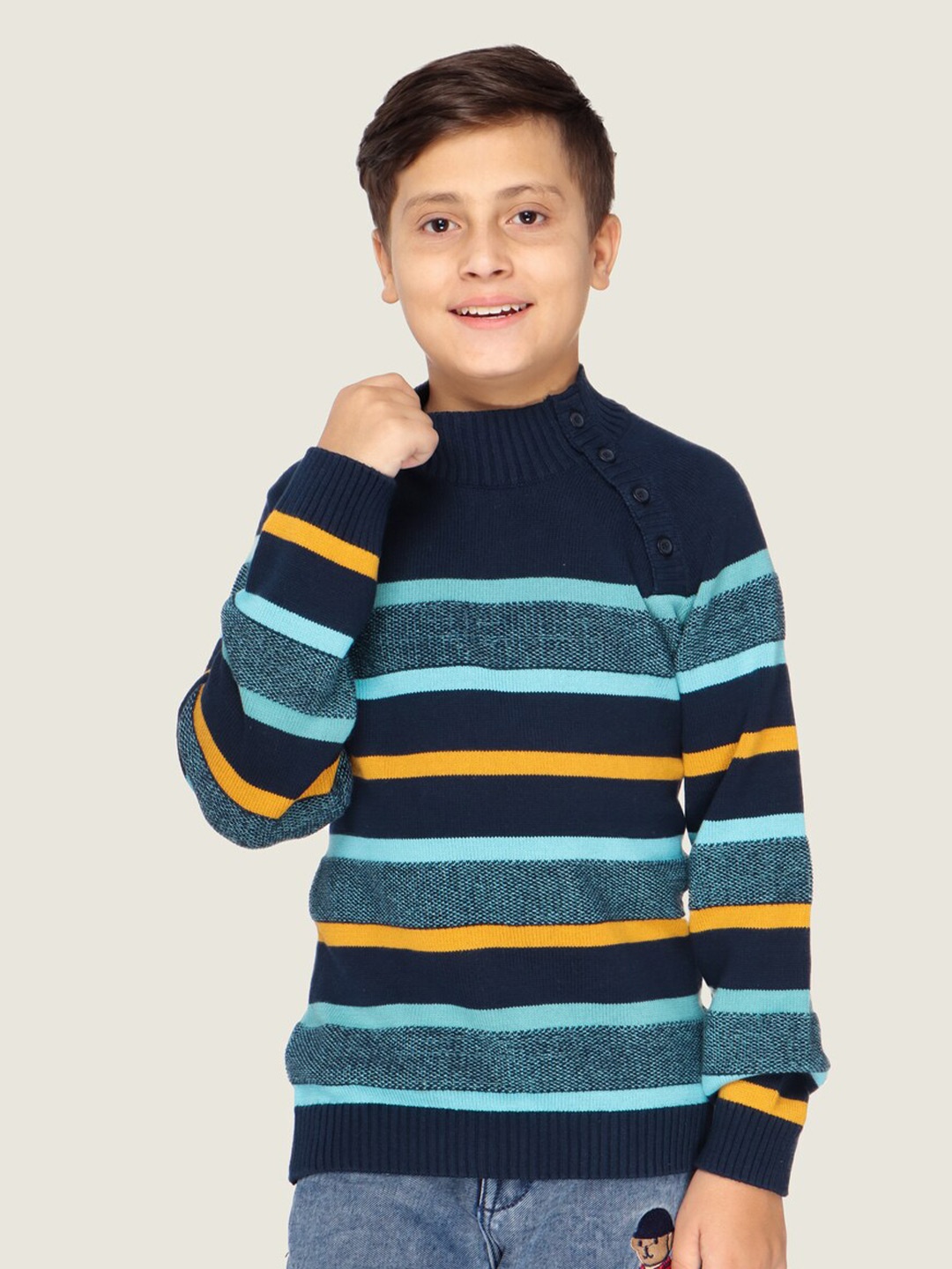 

LASNAK Boys Navy Blue & Yellow Striped Cotton Pullover Sweater