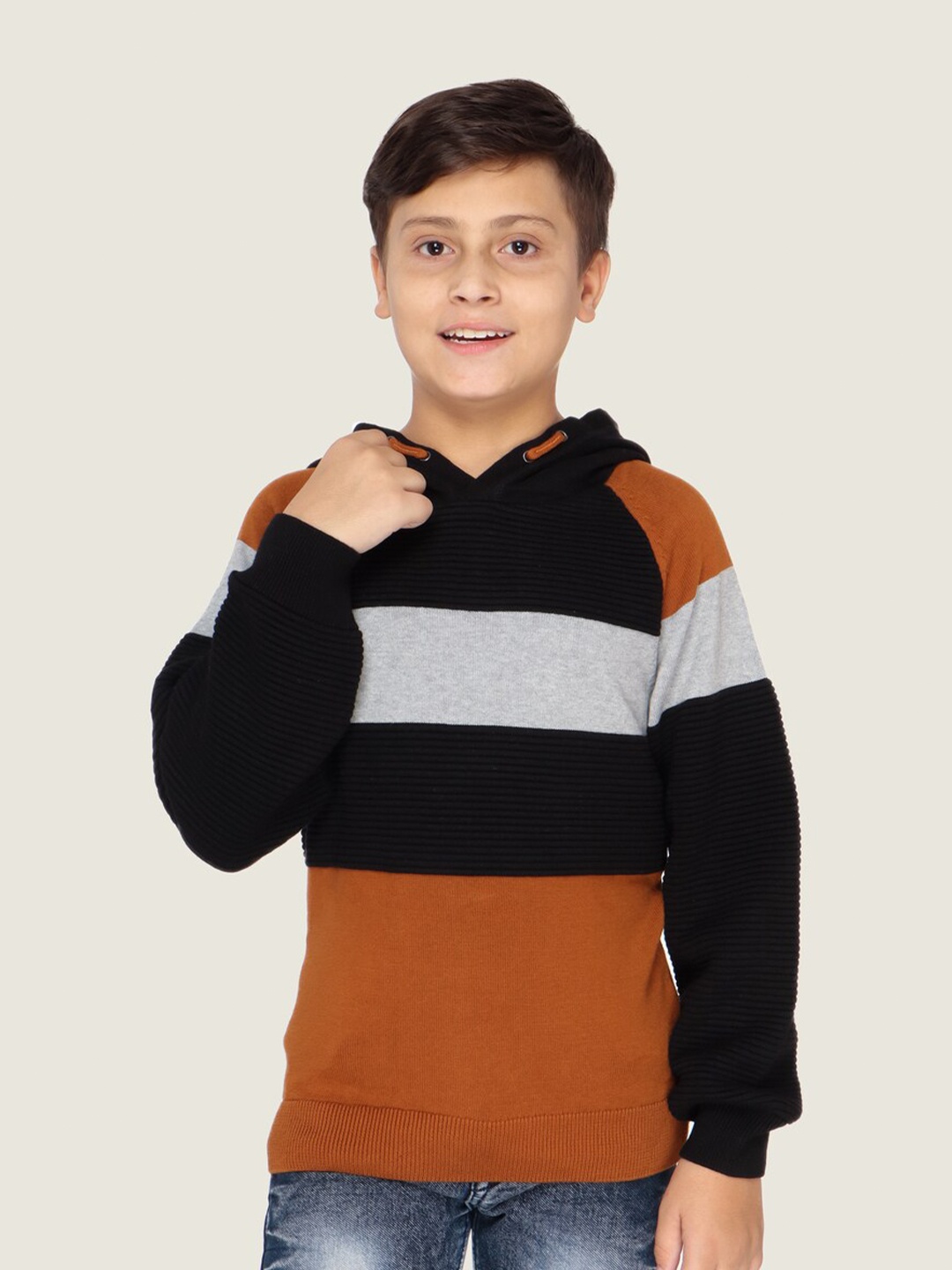 

LASNAK Boys Mustard & Grey Colourblocked Hooded Cotton Pullover Sweater