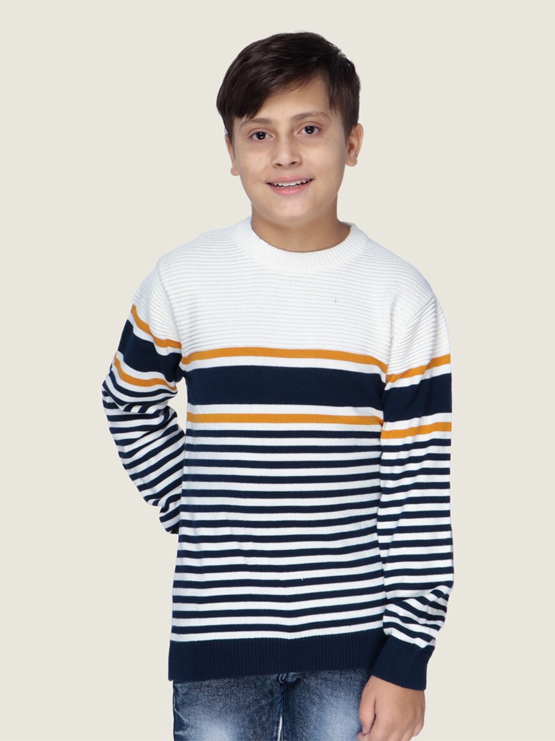 

LASNAK Boys White & Navy Blue Striped Cotton Pullover Sweater