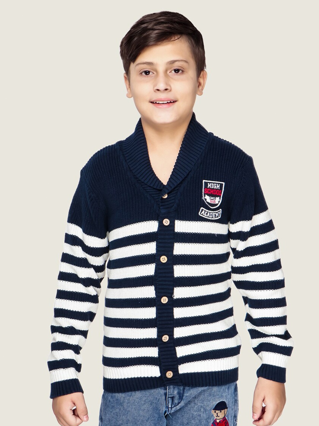 

LASNAK Boys Navy Blue & White Striped Cardigan Cotton Sweater