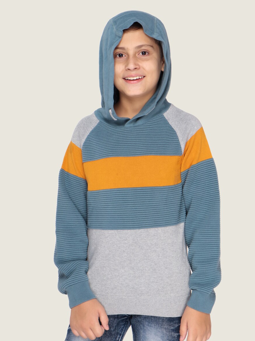 

LASNAK Boys Grey & Yellow Colourblocked Cotton Pullover Sweater