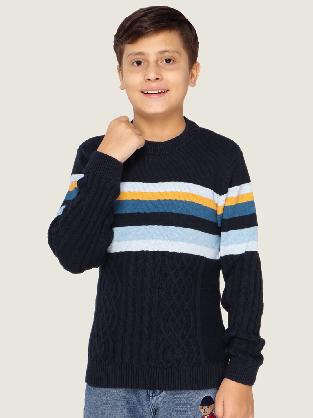 

LASNAK Boys Navy Blue & White Cable Knit Striped Cotton Pullover Sweater