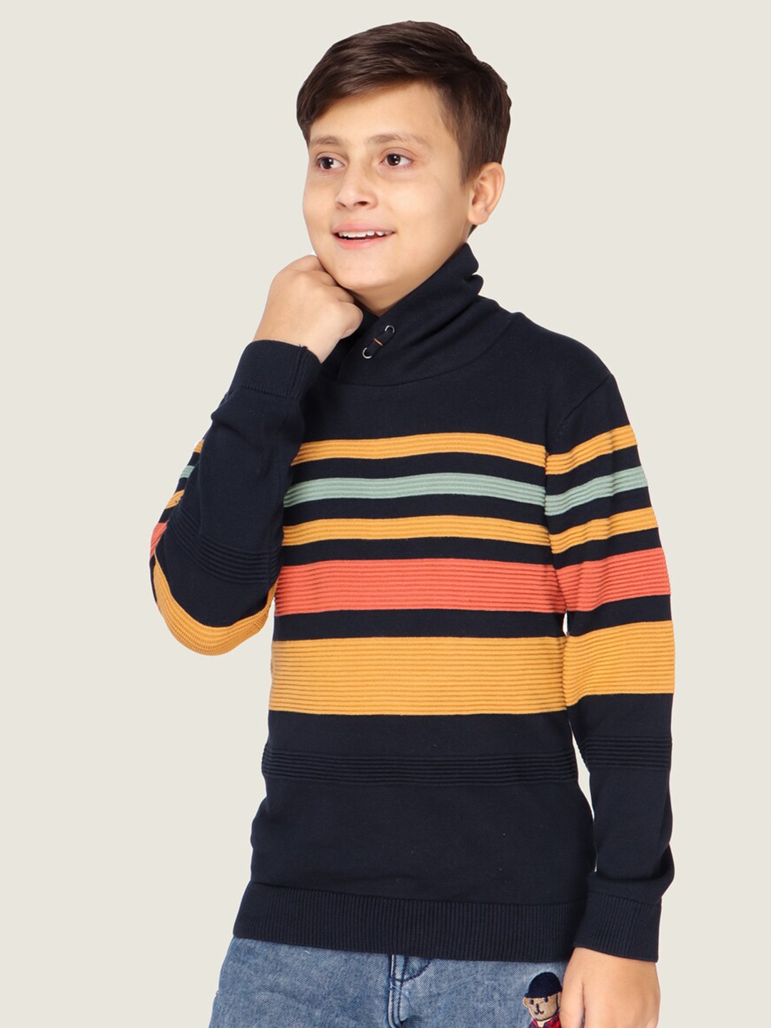 

LASNAK Boys Navy Blue & Yellow Striped Cotton Pullover Sweater