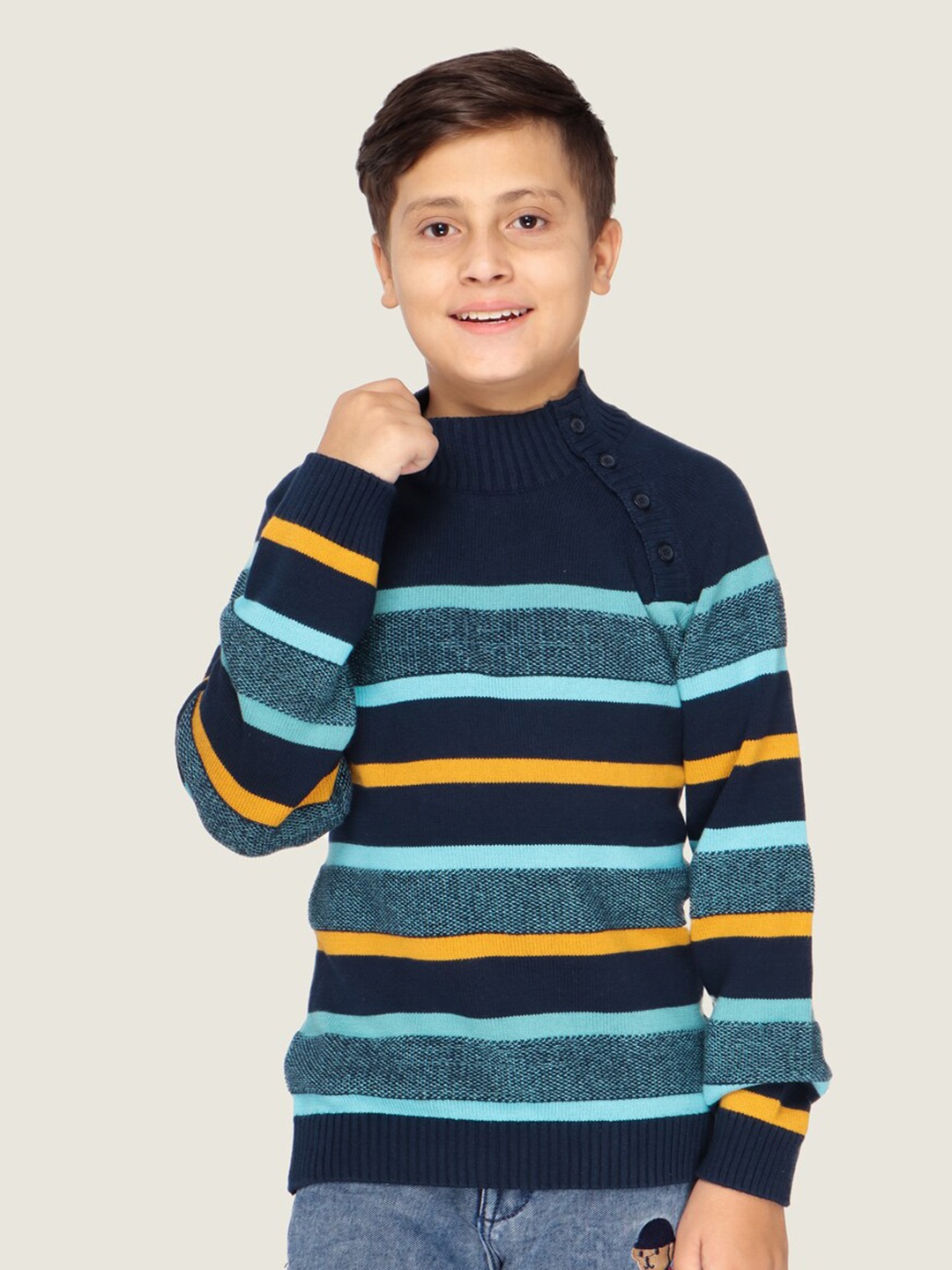

LASNAK Boys Navy Blue & Yellow Striped Cotton Pullover Sweater
