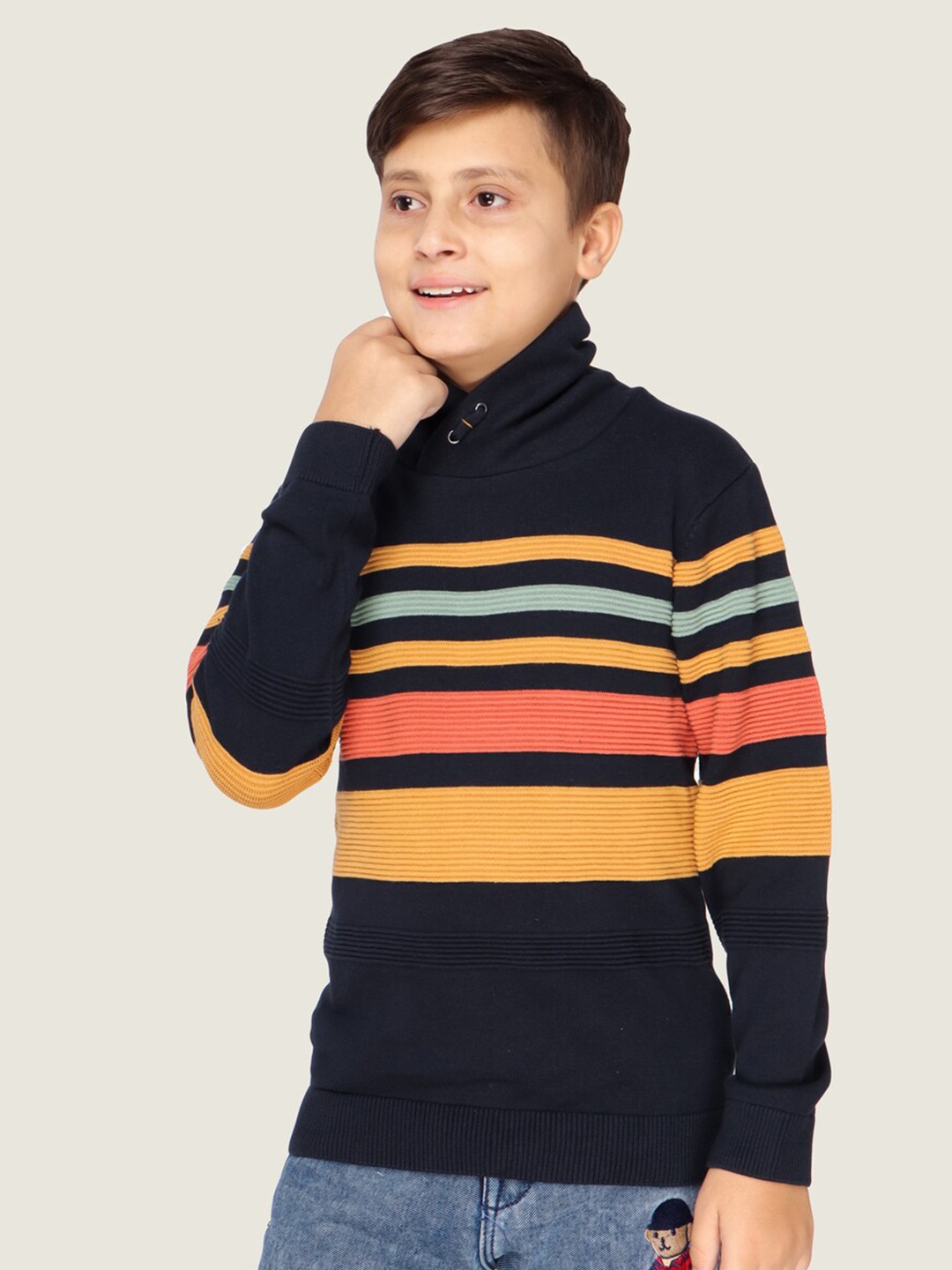 

LASNAK Boys Navy Blue & Yellow Striped Cotton Pullover Sweater