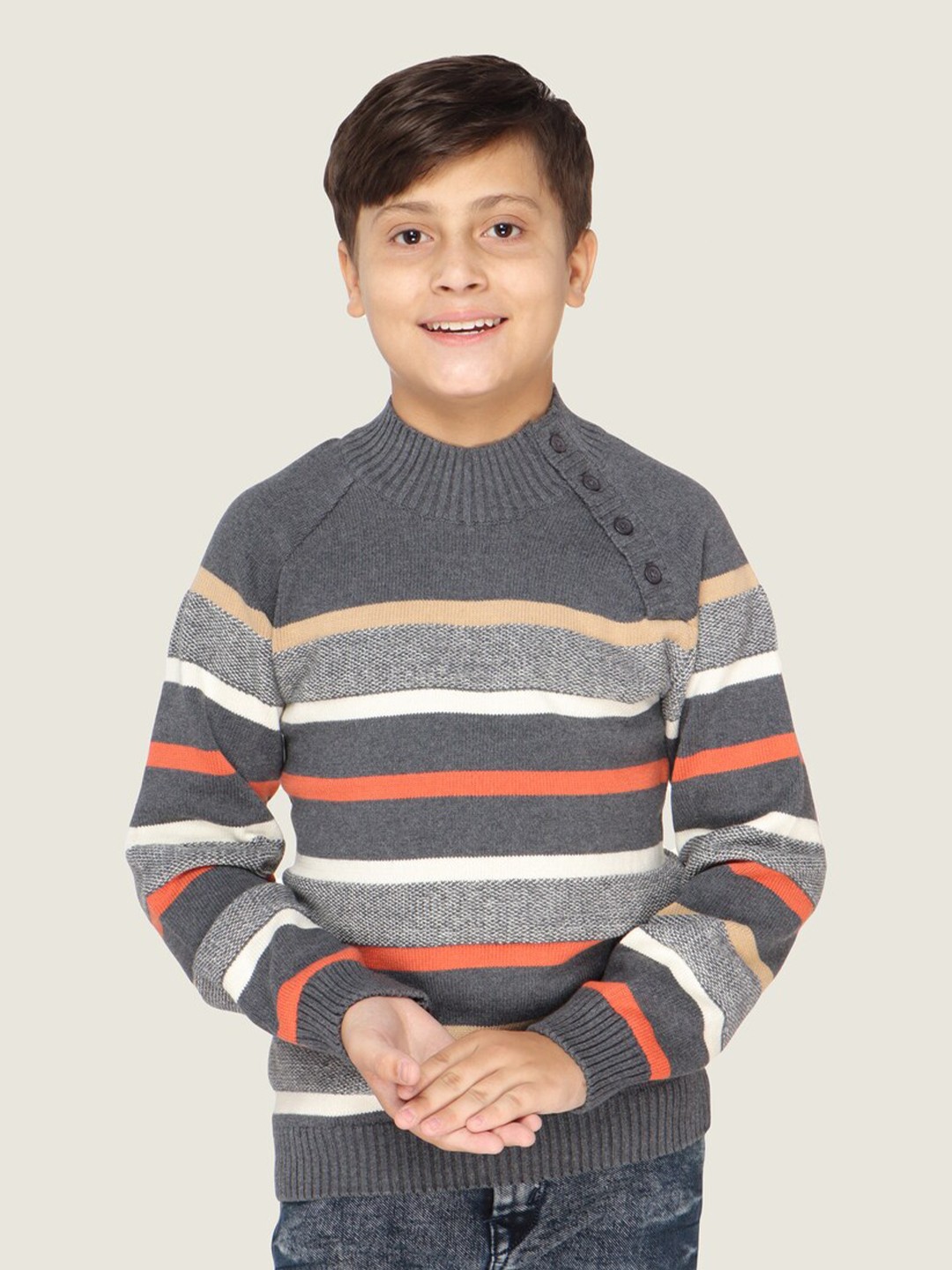 

LASNAK Boys Grey & White Striped Cotton Pullover Sweater