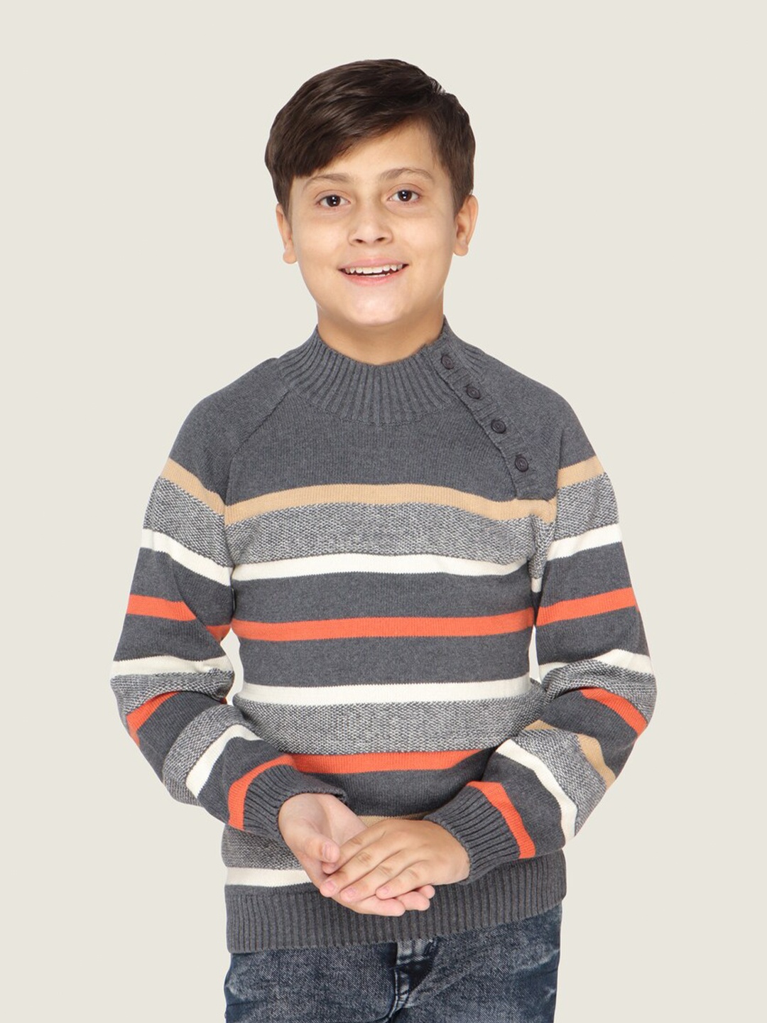 

LASNAK Boys Grey & White Striped Cotton Pullover Sweater