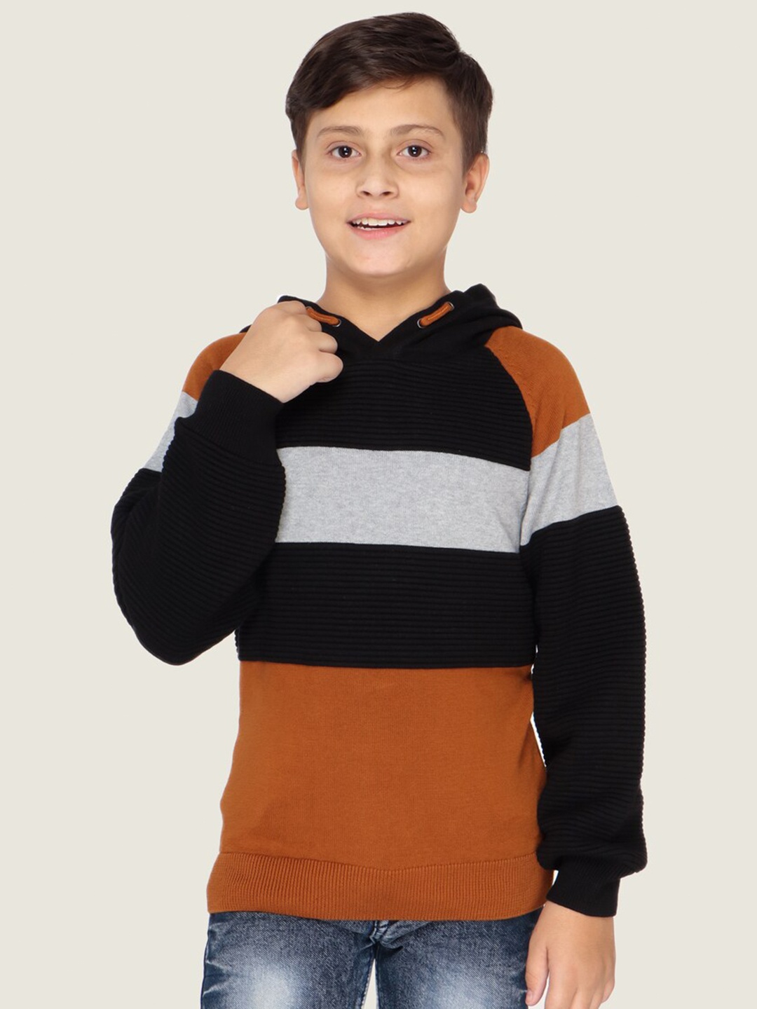 

LASNAK Boys Mustard & Black Colourblocked Cotton Pullover Sweater