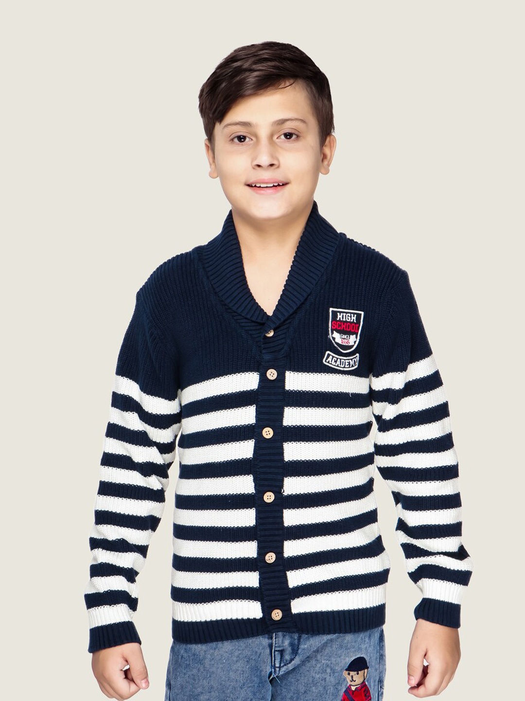 

LASNAK Boys Navy Blue & White Striped Cardigan Cotton Sweater
