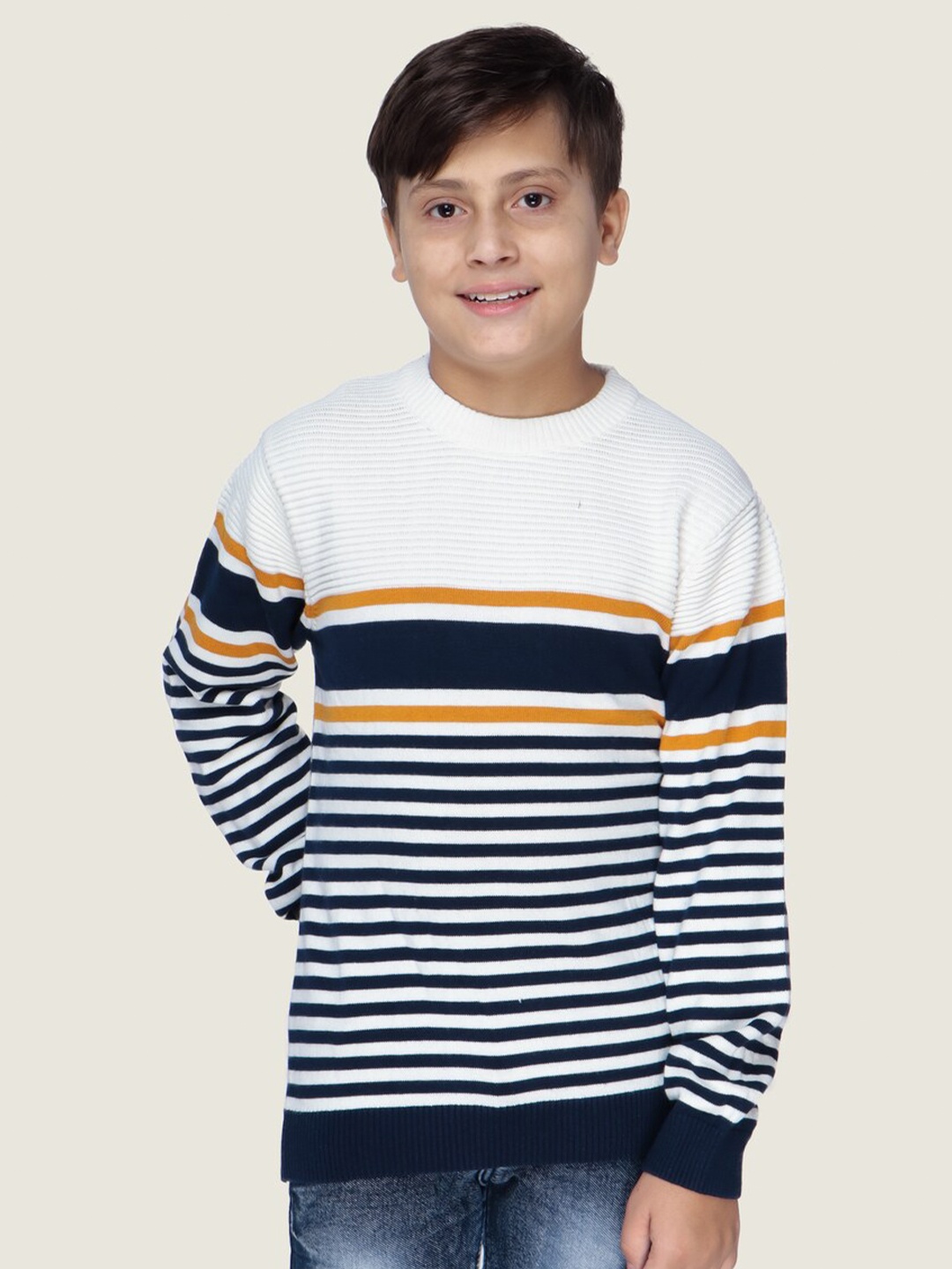 

LASNAK Boys White & Navy Blue Striped Cotton Pullover Sweater