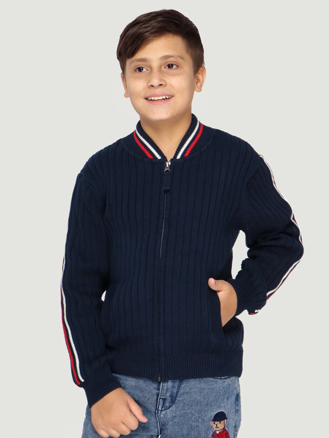

LASNAK Boys Navy Blue & Red Ribbed Cotton Sweater