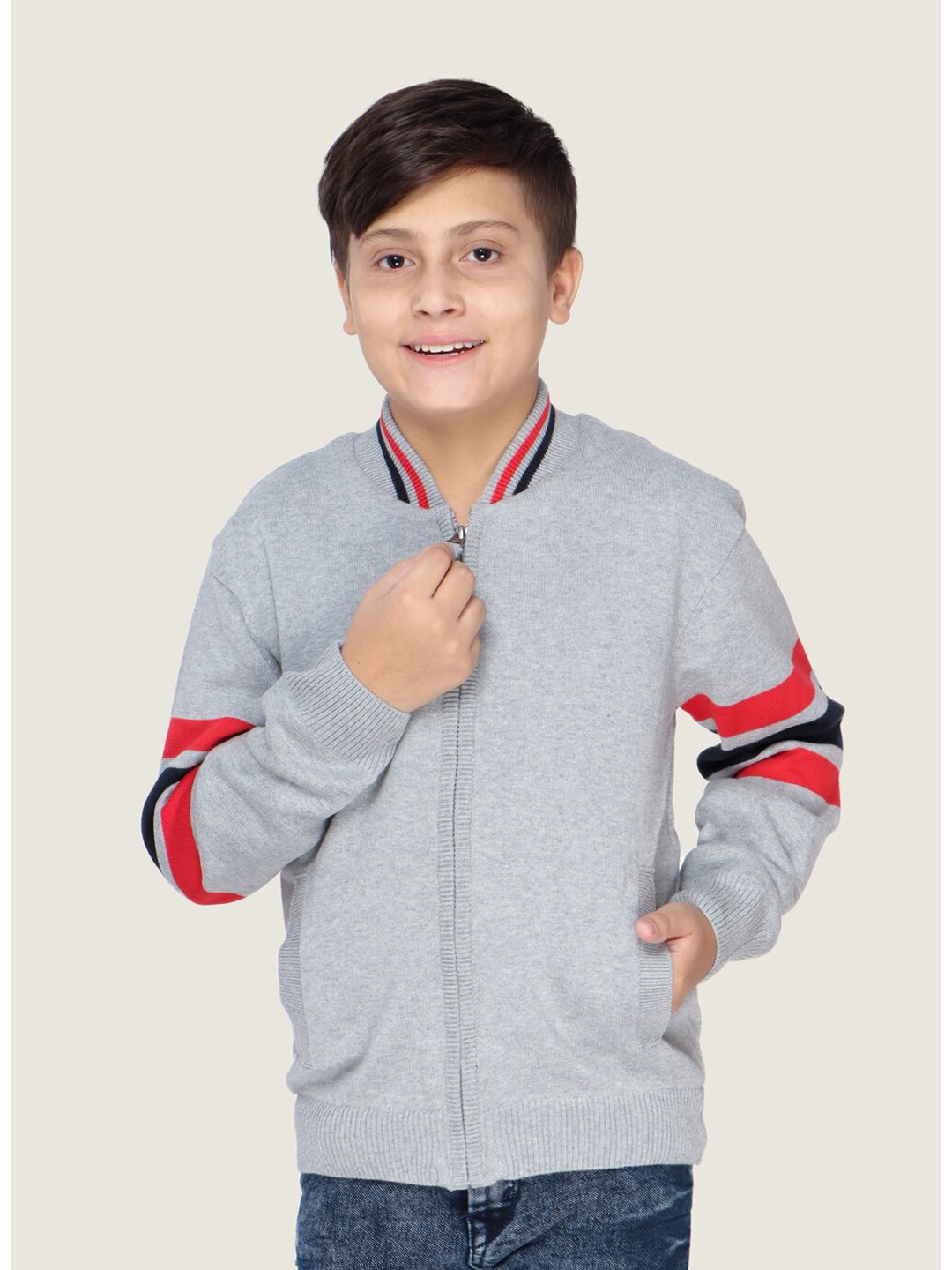 

LASNAK Boys Grey & Red Ribbed Cotton Sweater
