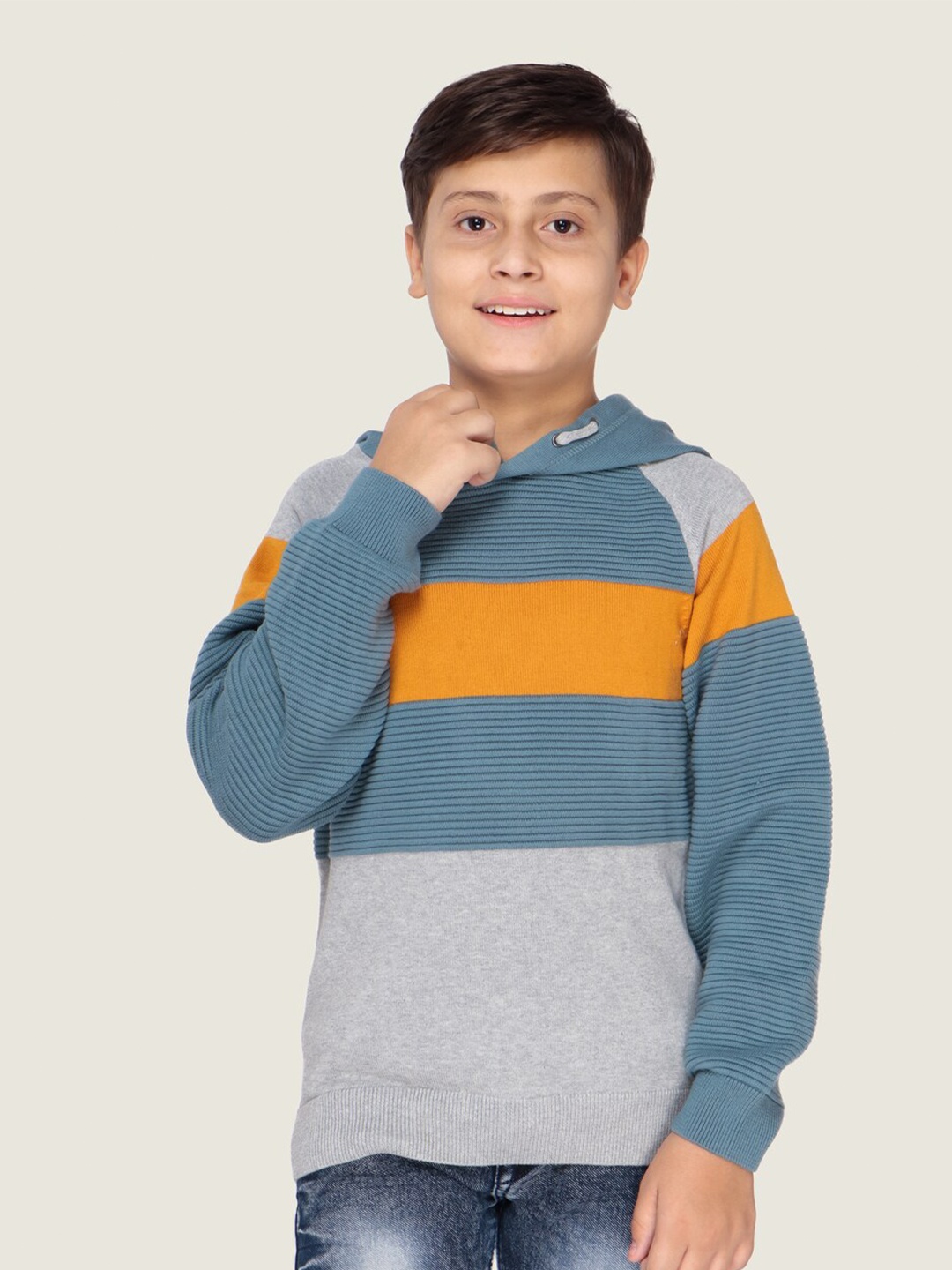 

LASNAK Boys Grey & Orange Colourblocked Hooded Cotton Pullover Sweater