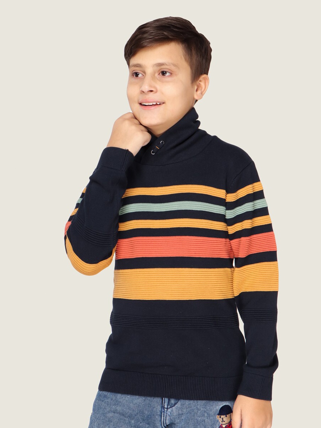 

LASNAK Boys Navy Blue & Yellow Striped Cotton Pullover Sweater