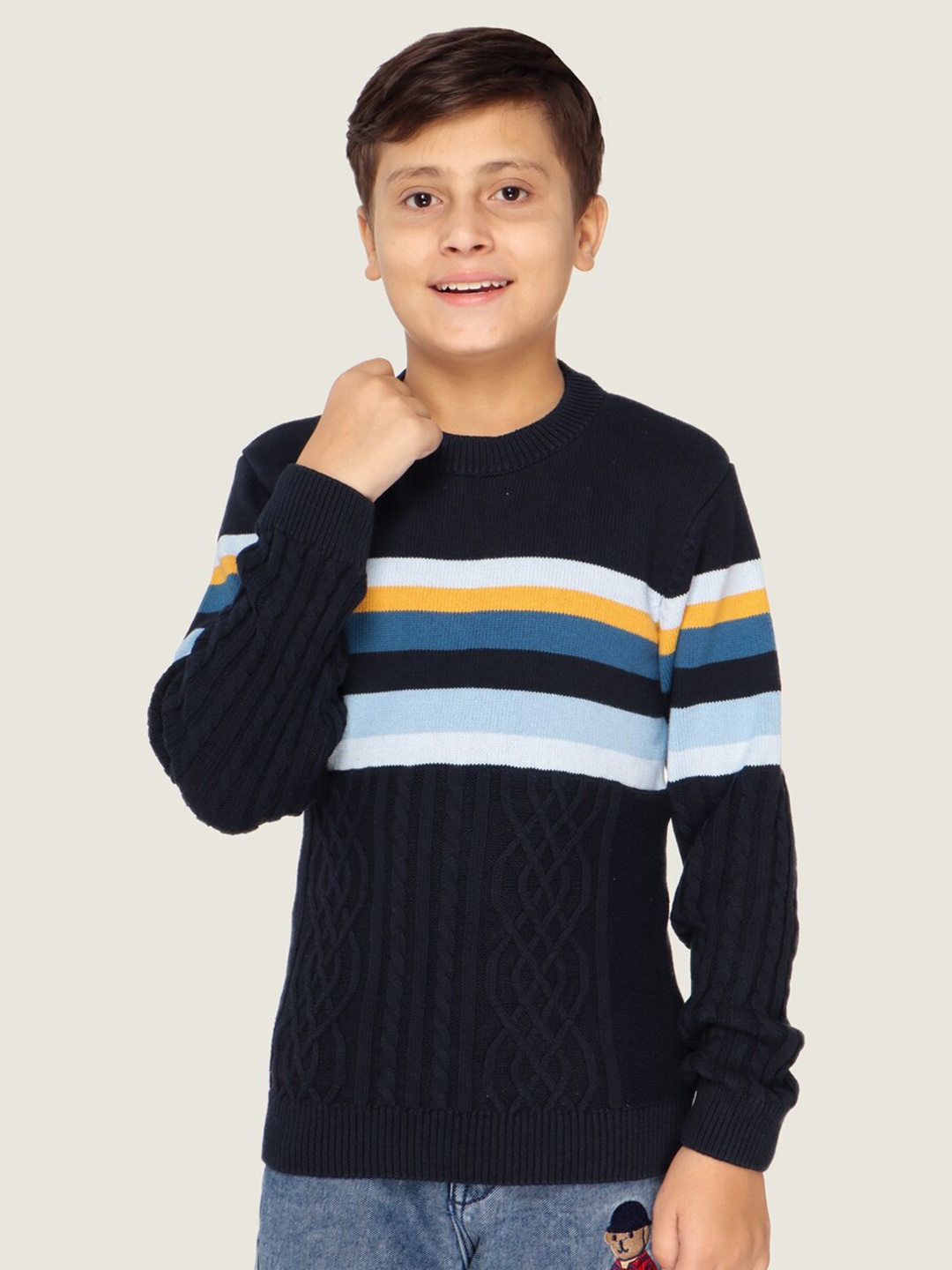 

LASNAK Boys Navy Blue & Yellow Striped Pullover