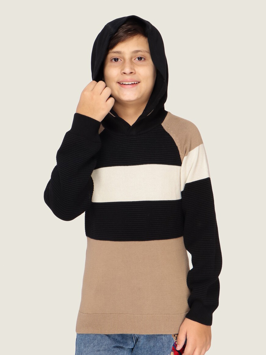 

LASNAK Boys Beige & White Colourblocked Hooded Cotton Pullover Sweater