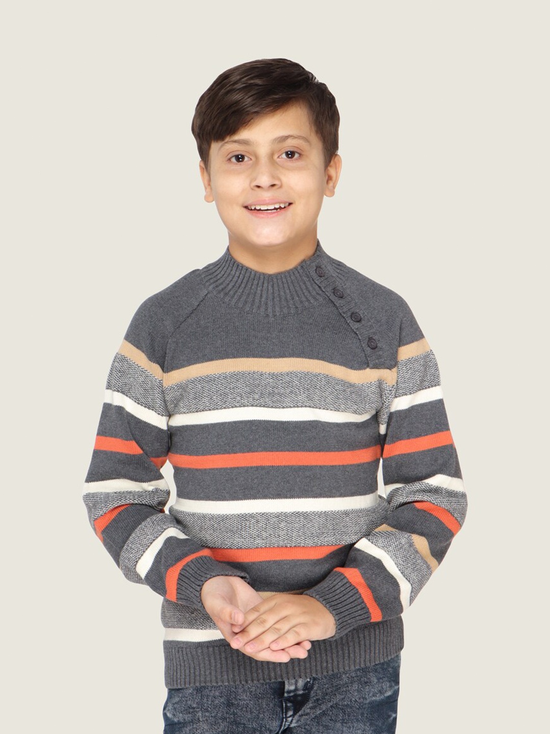 

LASNAK Boys Grey & White Striped Cotton Pullover Sweater