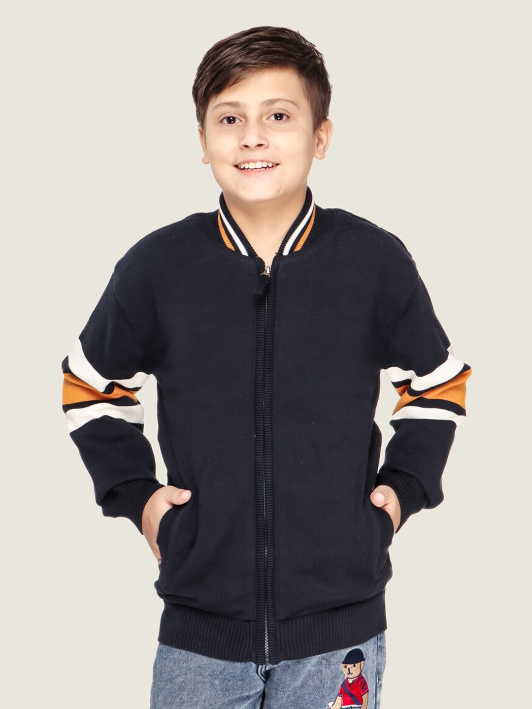 

LASNAK Boys Navy Blue & Mustard Cotton Pullover Sweater