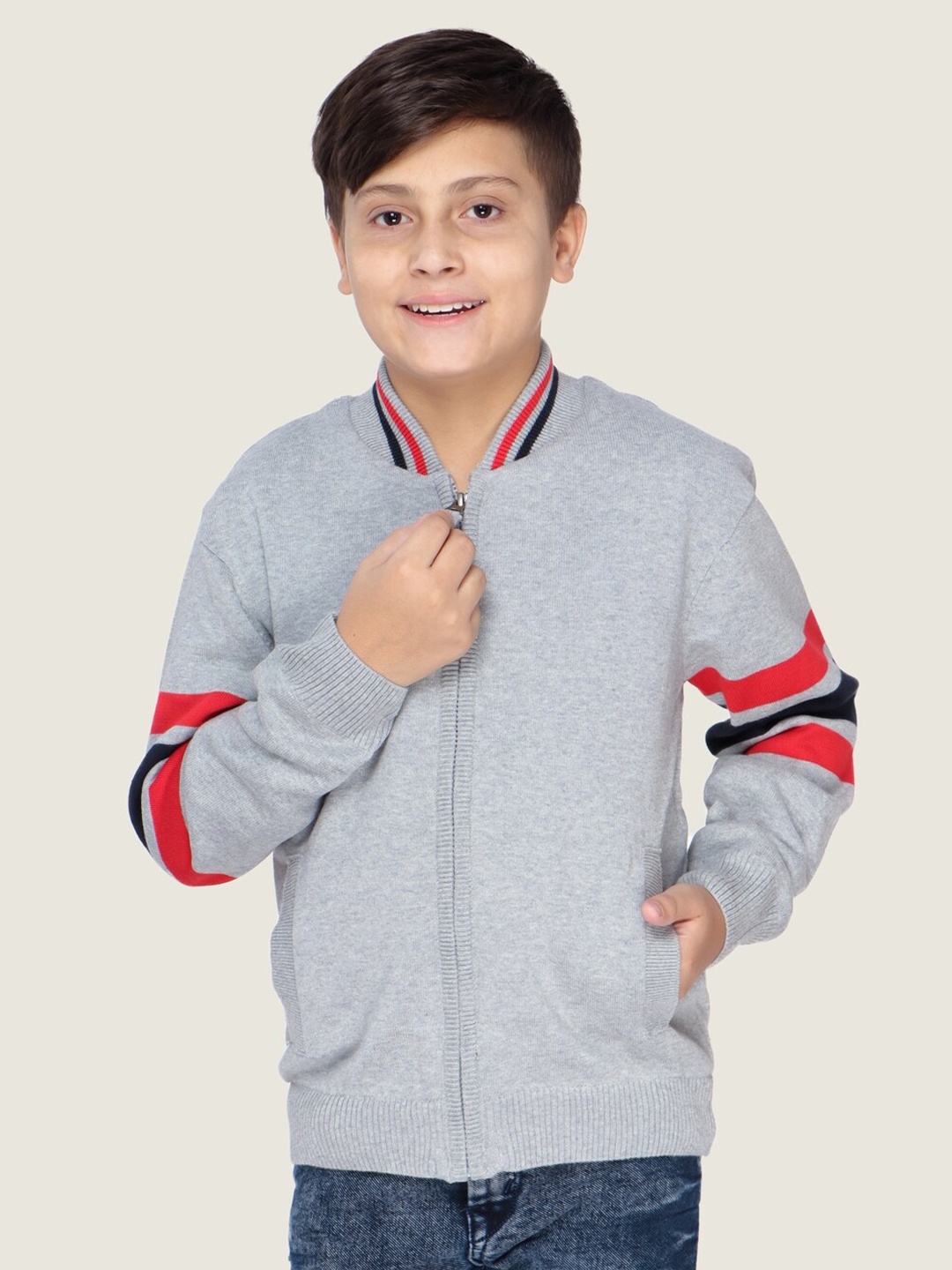 

LASNAK Boys Grey & Red Cotton Pullover Sweater