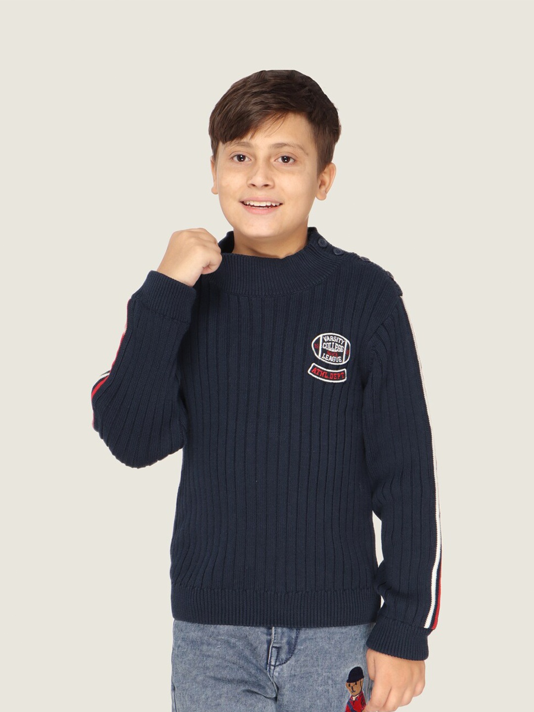 

LASNAK Boys Navy Blue & White Ribbed Cotton Pullover Sweater