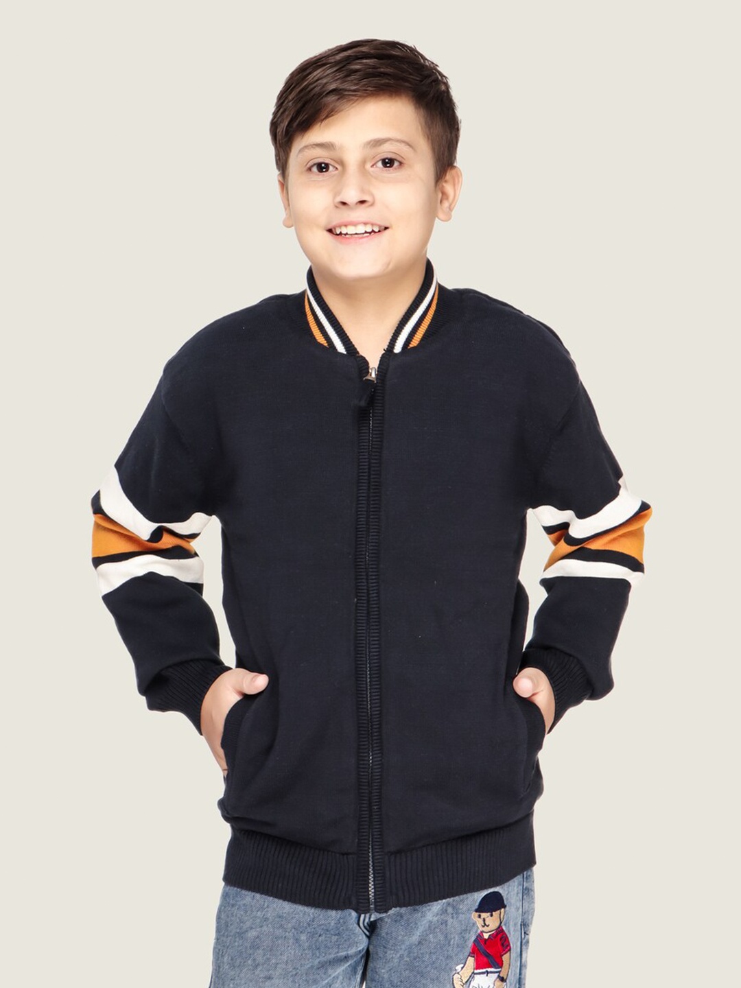 

LASNAK Boys Navy Blue & White Cotton Pullover Sweater