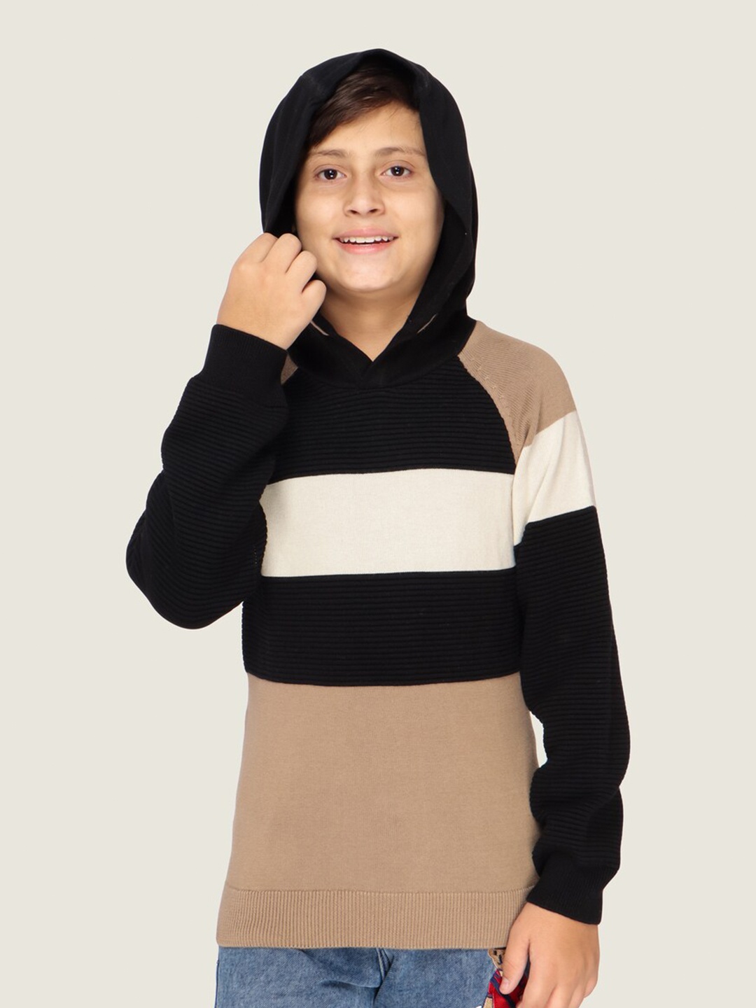 

LASNAK Boys Beige & Black Colourblocked Cotton Pullover Sweater