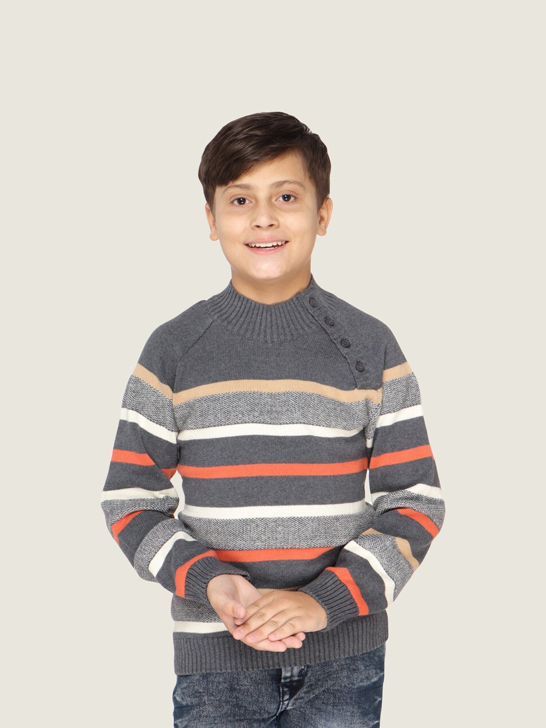 

LASNAK Boys Grey & White Striped Cotton Pullover Sweater