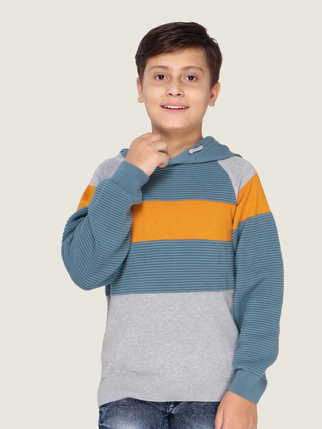 

LASNAK Boys Grey & Orange Striped Cotton Pullover Sweater