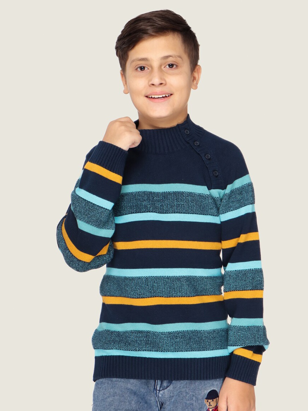 

LASNAK Boys Navy Blue & Yellow Striped Cotton Pullover Sweater