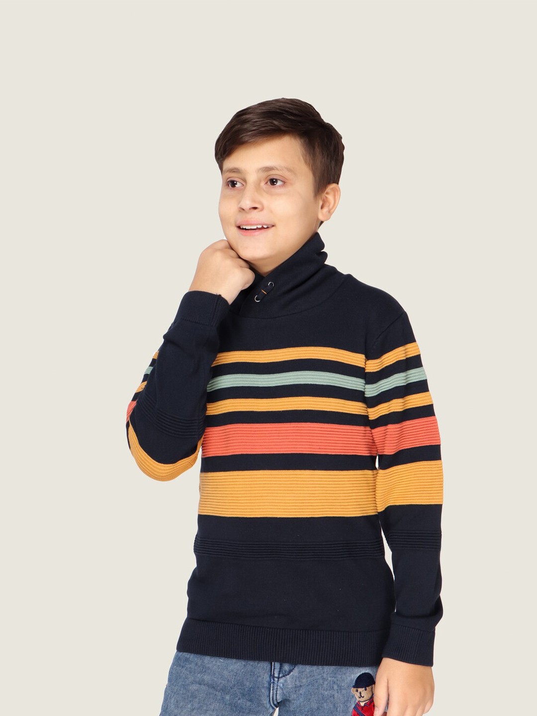 

LASNAK Boys Navy Blue & Mustard Striped Cotton Pullover Sweater