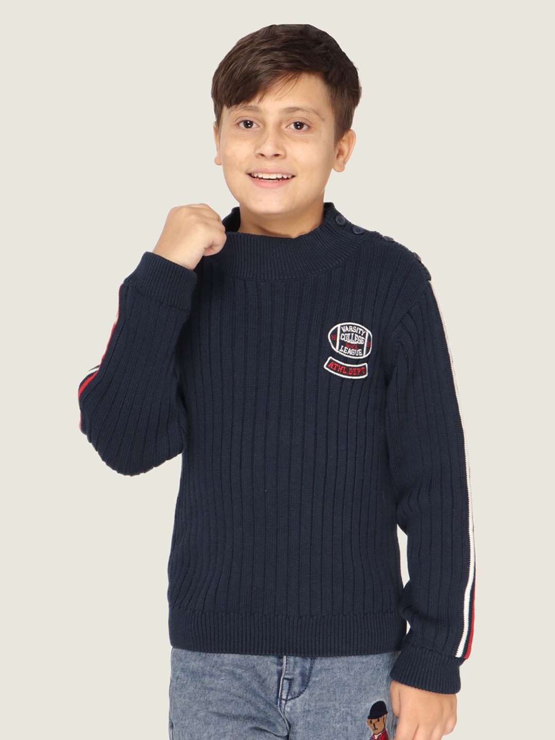 

LASNAK Boys Navy Blue & White Ribbed Cotton Pullover Sweater