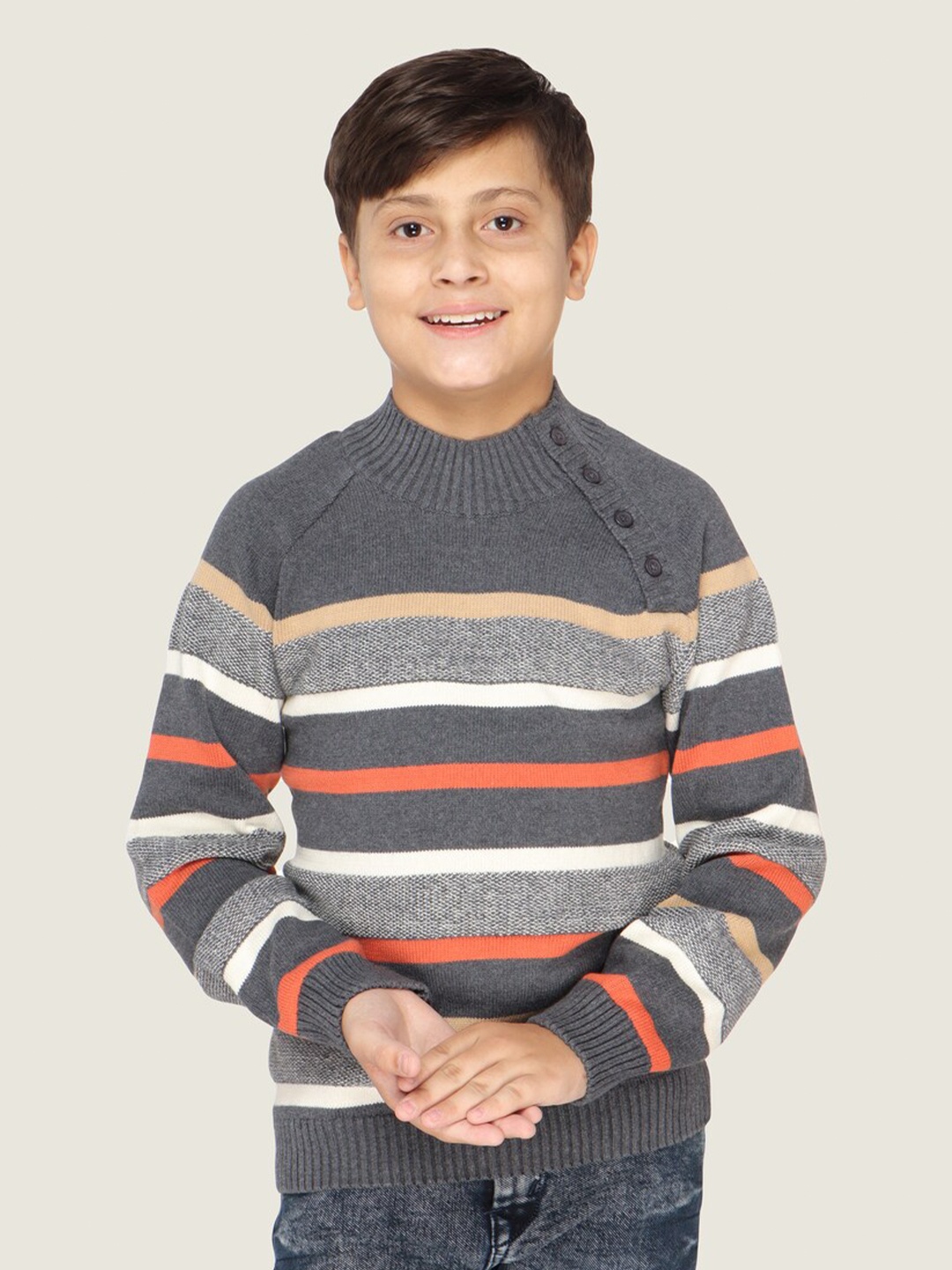 

LASNAK Boys Grey & White Striped Cotton Pullover Sweater