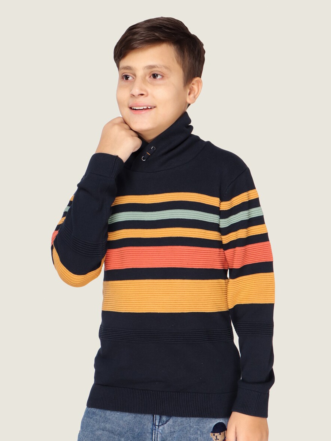 

LASNAK Boys Navy Blue & Yellow Striped Cotton Pullover Sweater