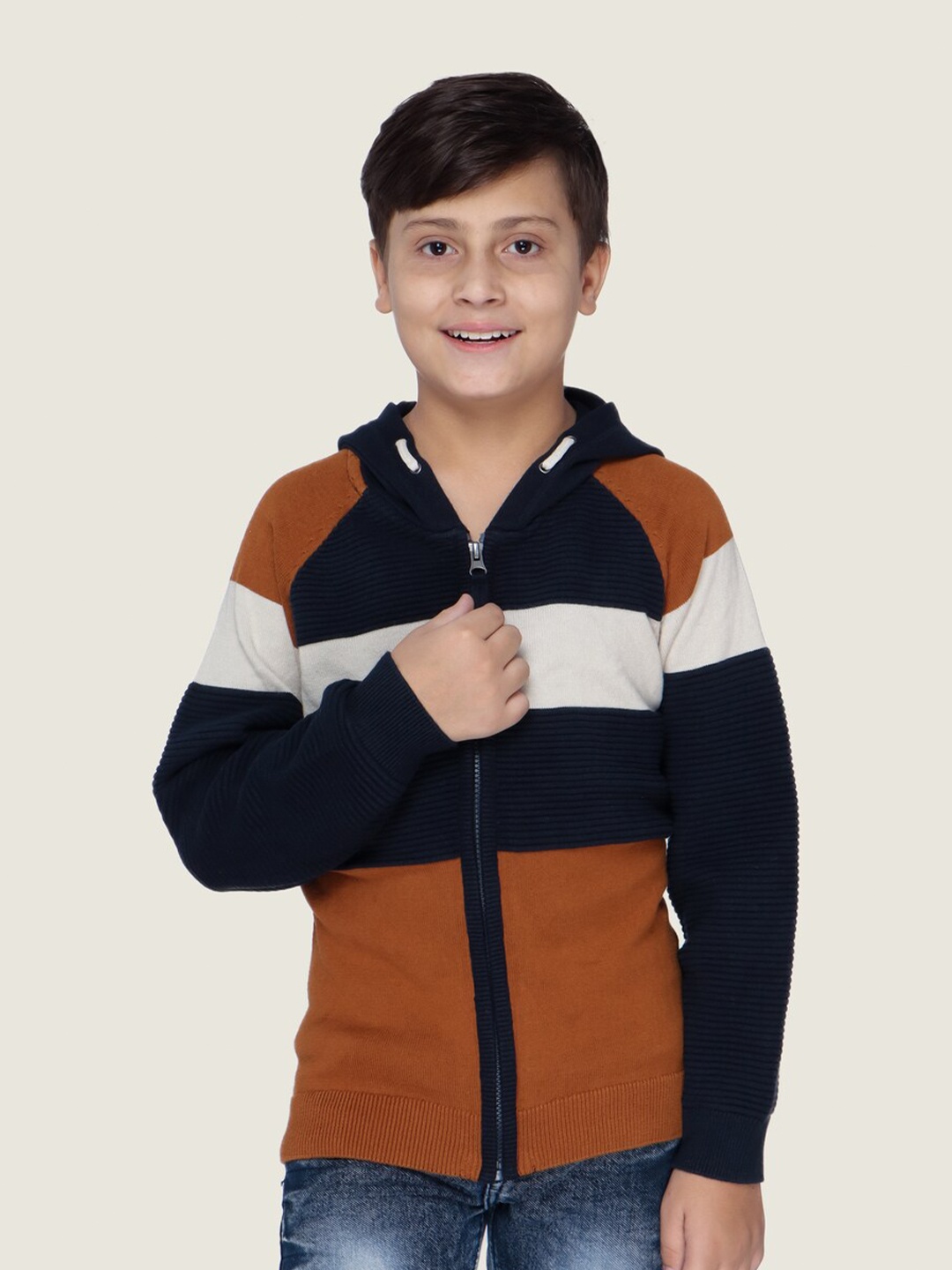 

LASNAK Boys Navy Blue & Rust Colourblocked Cotton Pullover Sweater