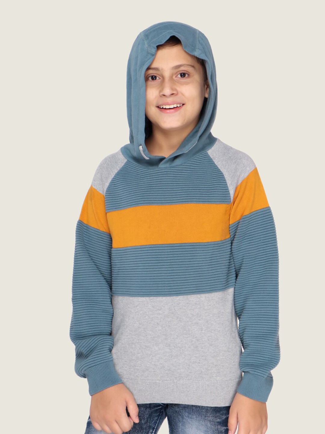

LASNAK Boys Grey & Orange Striped Cotton Pullover Sweater