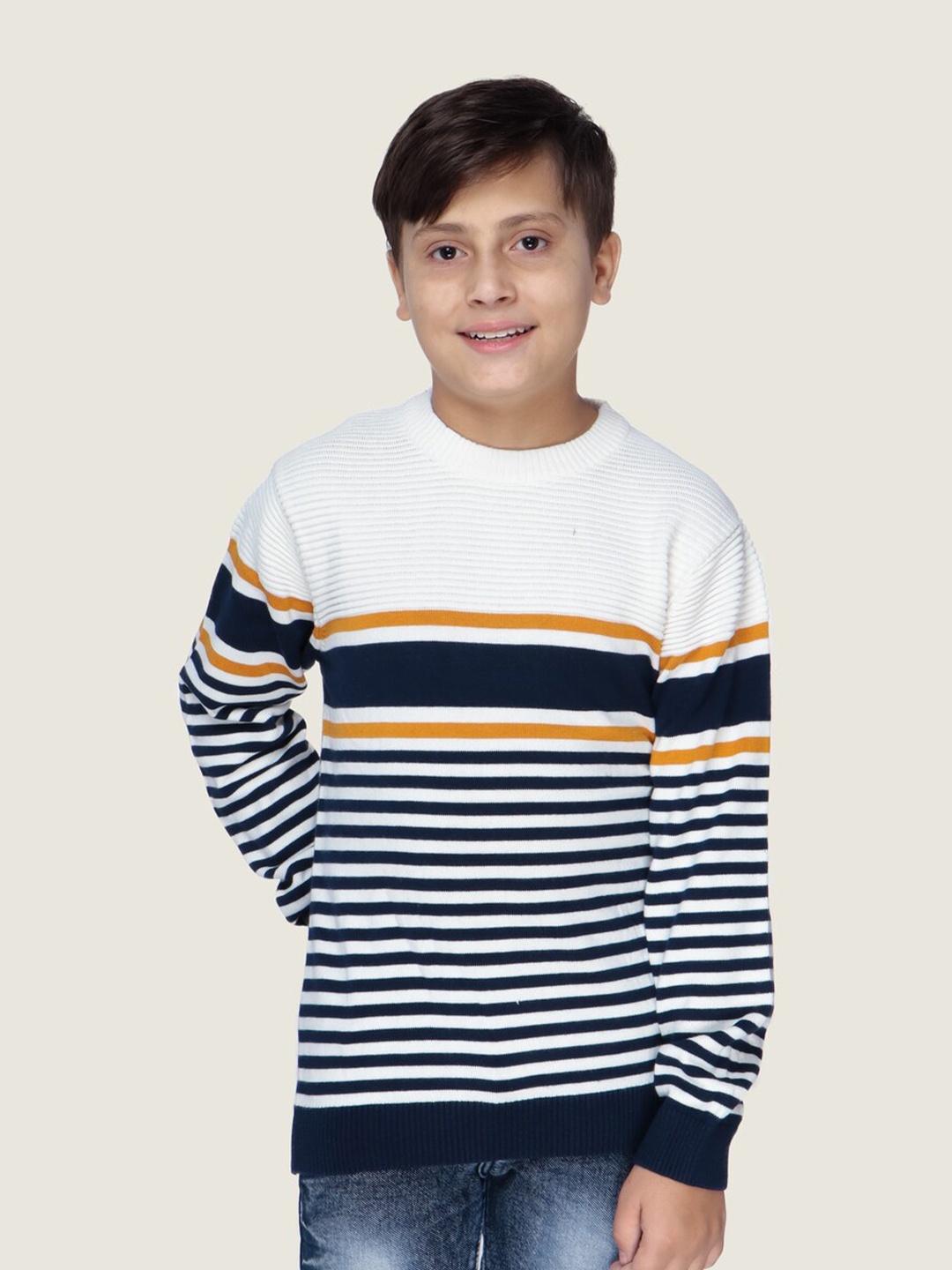 

LASNAK Boys White & Navy Blue Striped Cotton Pullover Sweater