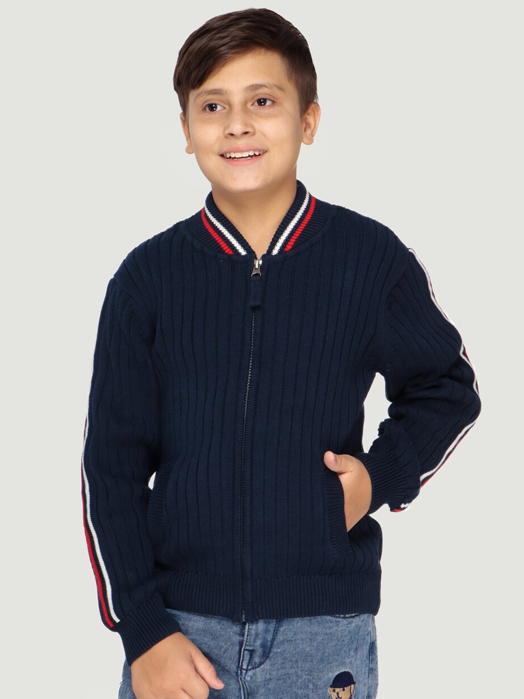 

LASNAK Boys Navy Blue & White Ribbed Cotton Pullover Sweater