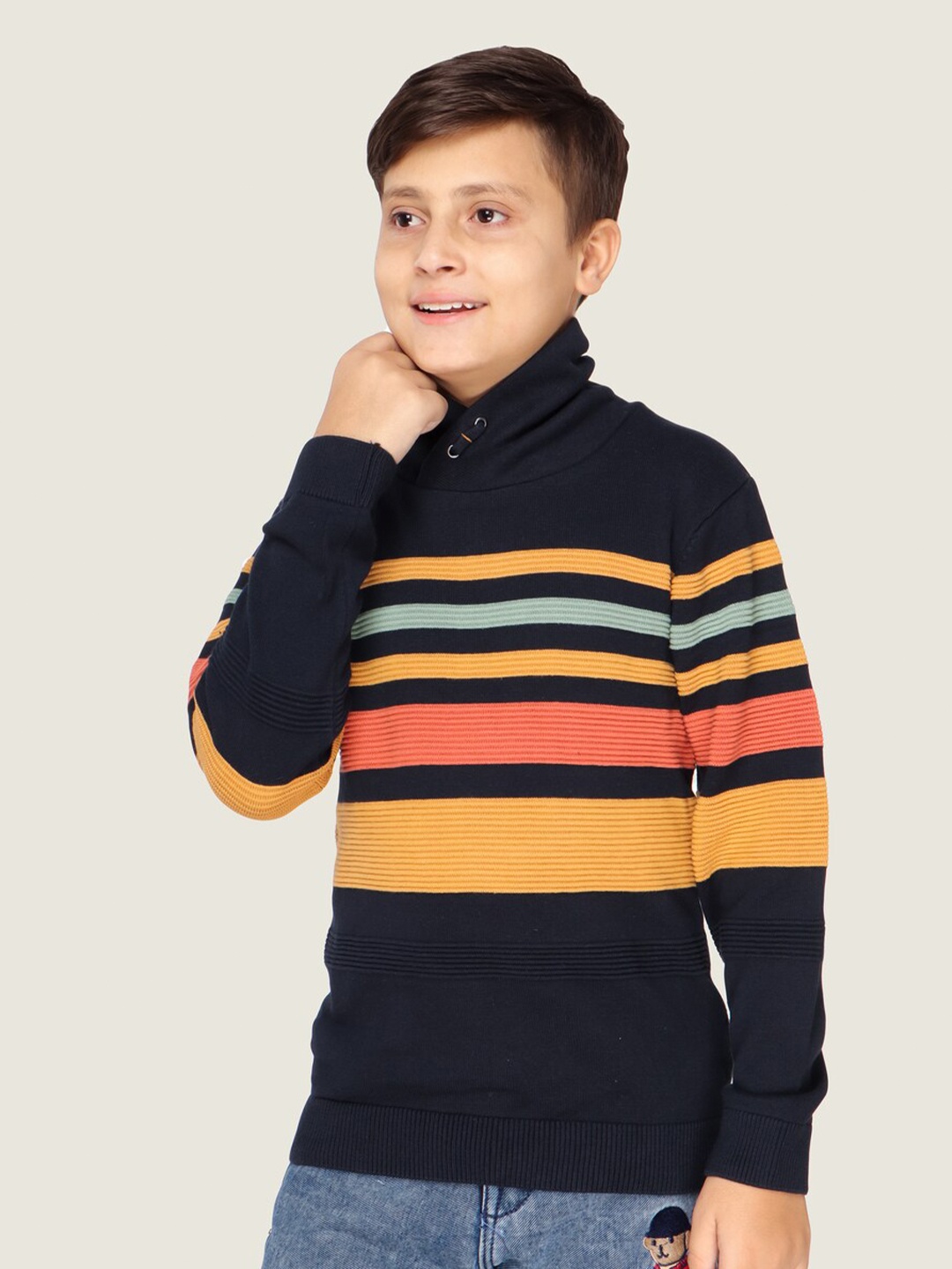 

LASNAK Boys Navy Blue & Mustard Striped Cotton Pullover Sweater
