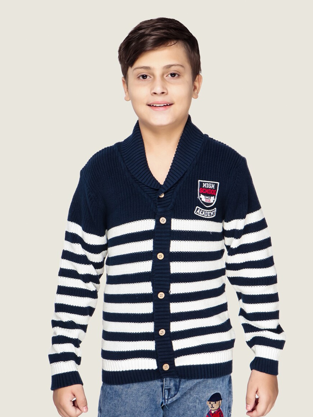 

LASNAK Boys Navy Blue & White Striped Cardigan Cotton Pullover Sweater