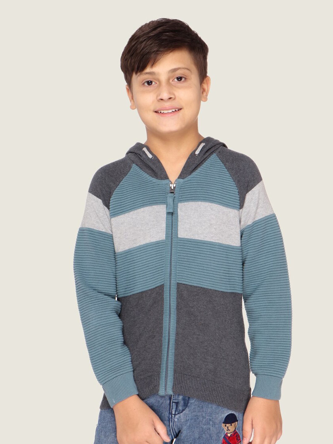 

LASNAK Boys Grey & Blue Striped Cotton Pullover Sweater