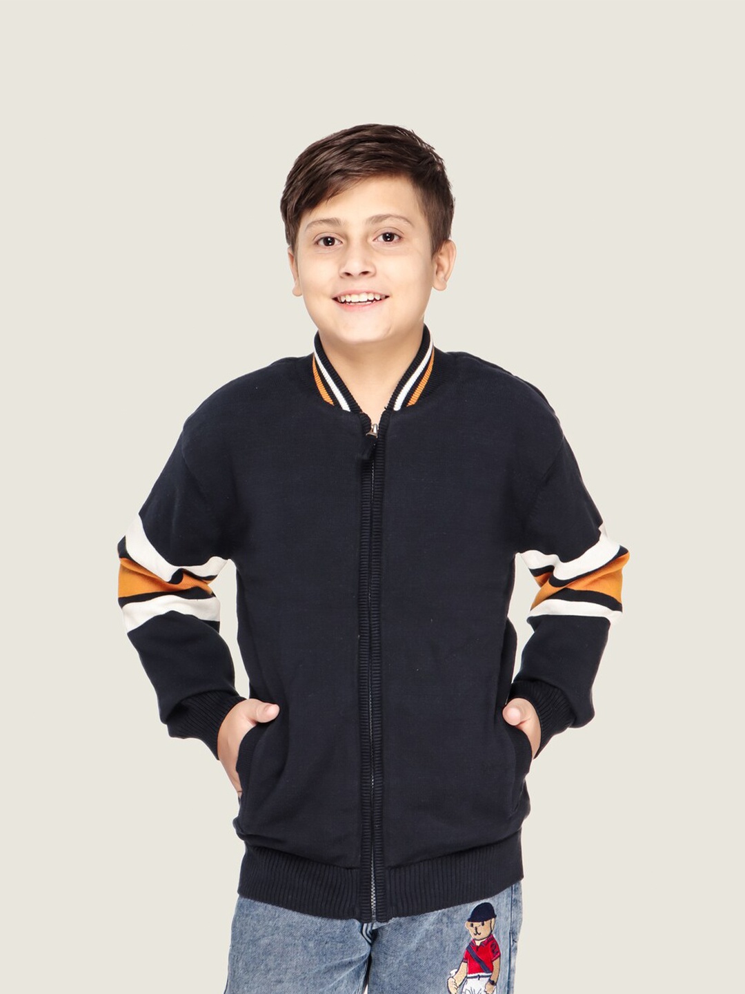

LASNAK Boys Navy Blue & Mustard Cotton Pullover Sweater
