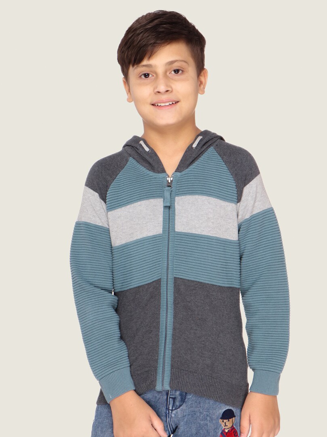 

LASNAK Boys Grey & Blue Striped Hooded Cotton Pullover Sweater