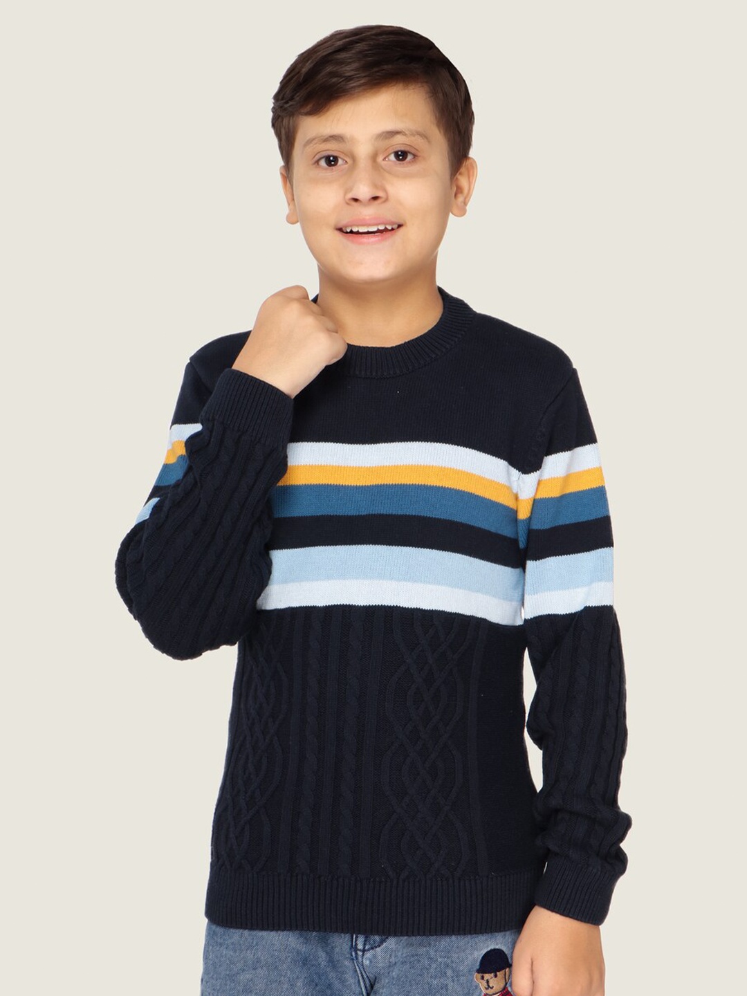 

LASNAK Boys Navy Blue & White Striped Cotton Pullover Sweater