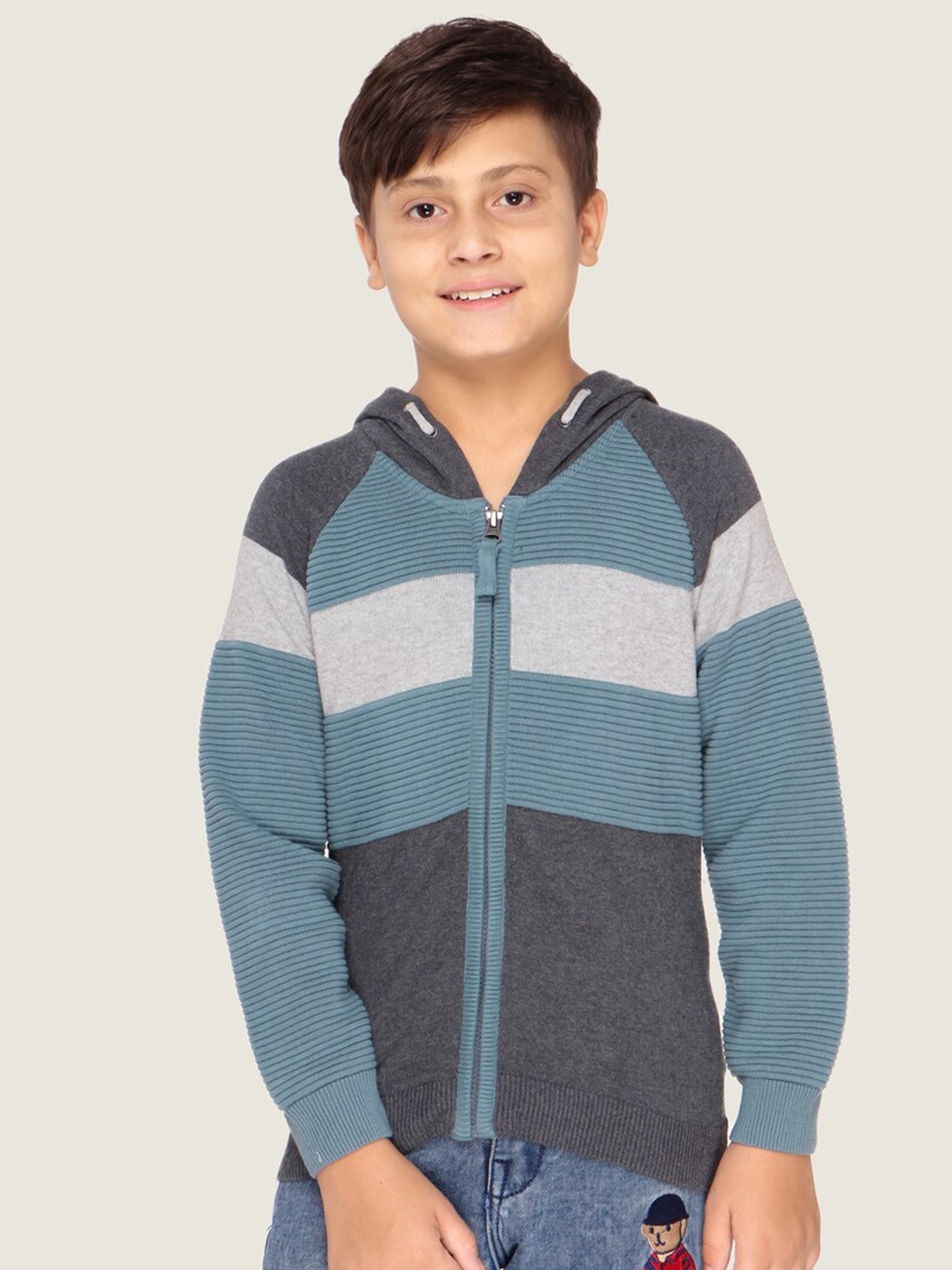 

LASNAK Boys Grey & Blue Striped Hooded Cotton Pullover Sweater