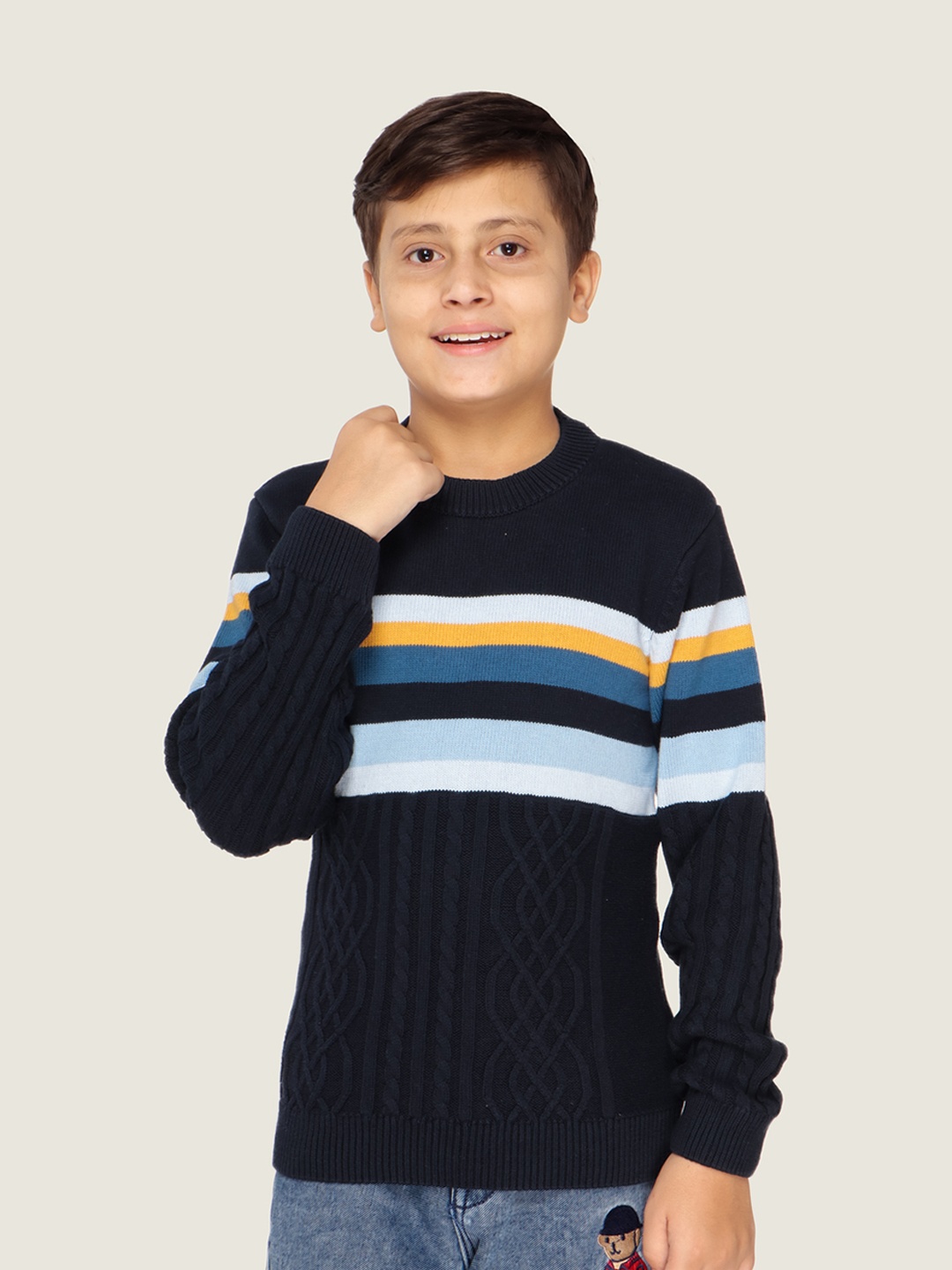 

LASNAK Boys Navy Blue & Yellow Striped Printed Wool Pullover