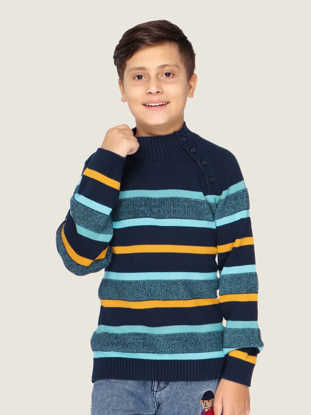 

LASNAK Boys Navy Blue & Yellow Striped Cotton Pullover Sweater