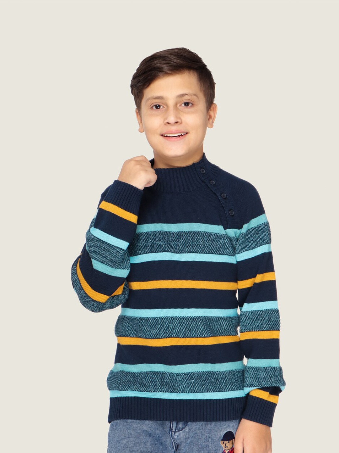 

LASNAK Boys Navy Blue & Yellow Striped Cotton Pullover Sweater